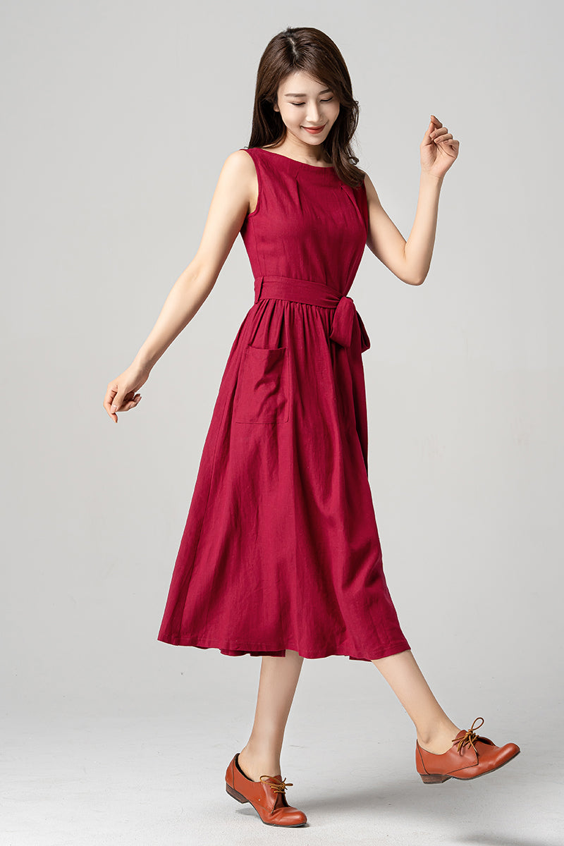 Red Sleeveless Midi Linen Dress 4190 Xiaolizi Red Sleeveless Midi Linen Dress 4190 Xiaolizi
