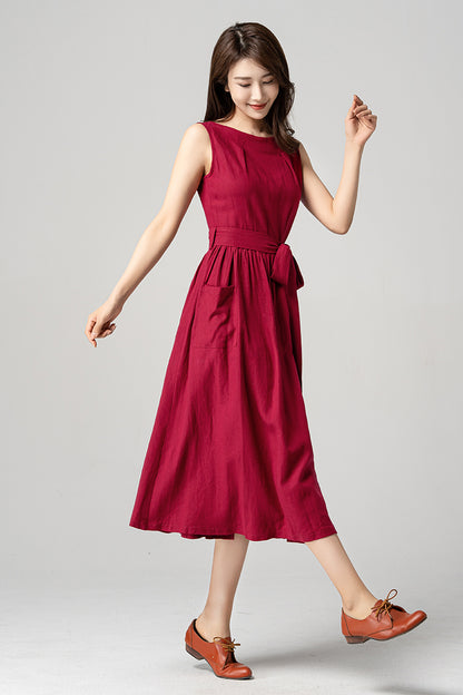 Red Sleeveless Midi Linen Dress 4190 - Size XS #CK2300222