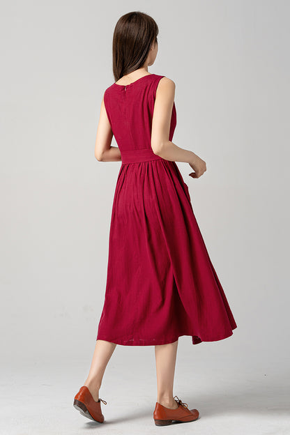 Red Sleeveless Midi Linen Dress 4190 - Size XS #CK2300222
