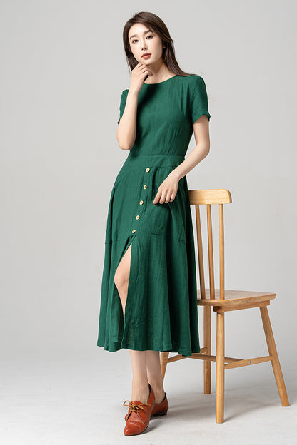 Green Linen Midi Dress - Vintage 1950s Fit and Flared Silhouette 4191