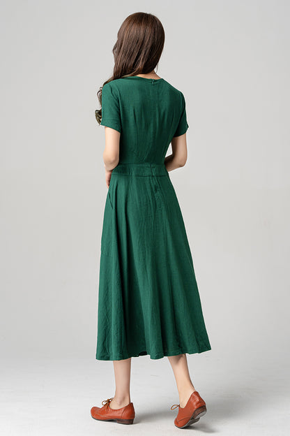 Green Linen Midi Dress - Vintage 1950s Fit and Flared Silhouette 4191