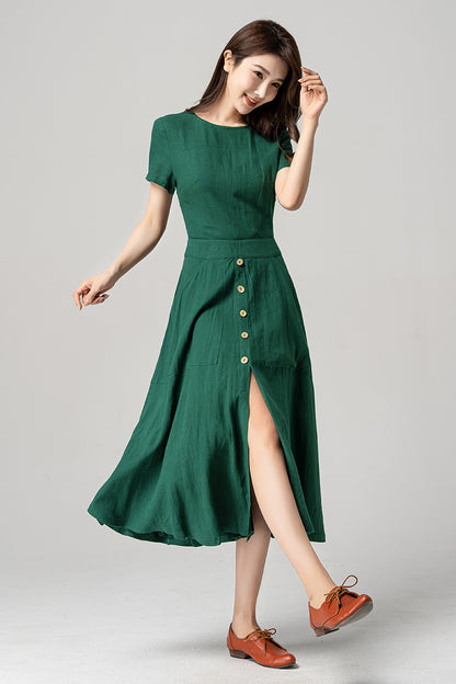 Green Linen Midi Dress - Vintage 1950s Fit and Flared Silhouette 4191