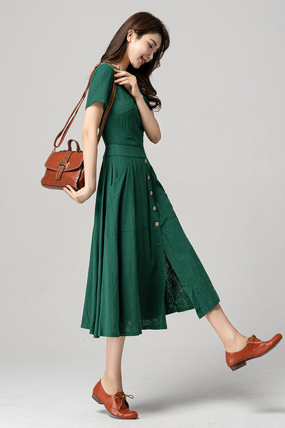Green Linen Midi Dress - Vintage 1950s Fit and Flared Silhouette 4191