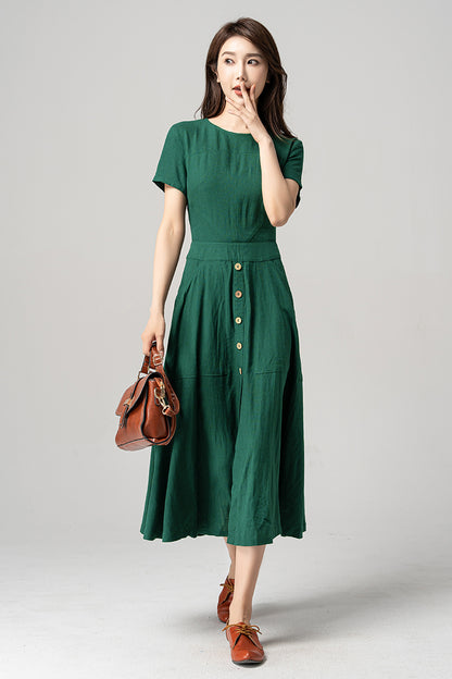 Green Linen Midi Dress - Vintage 1950s Fit and Flared Silhouette 4191