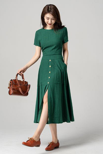Green Linen Midi Dress - Vintage 1950s Fit and Flared Silhouette 4191