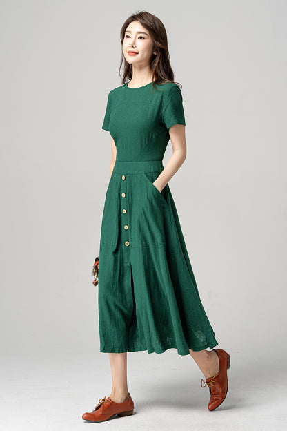 Green Linen Midi Dress - Vintage 1950s Fit and Flared Silhouette 4191
