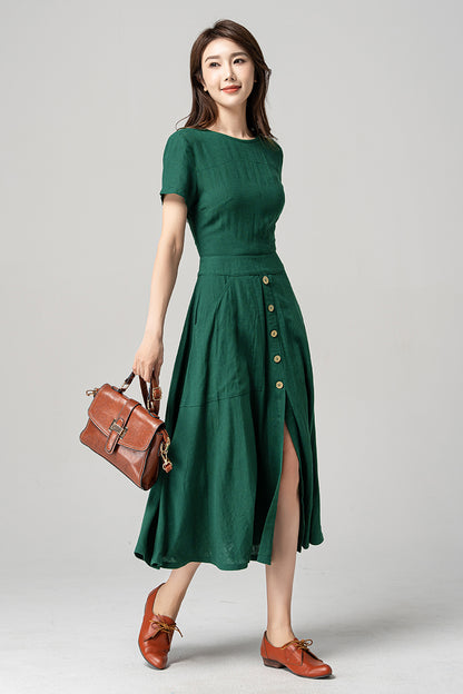 Green Linen Midi Dress - Vintage 1950s Fit and Flared Silhouette 4191