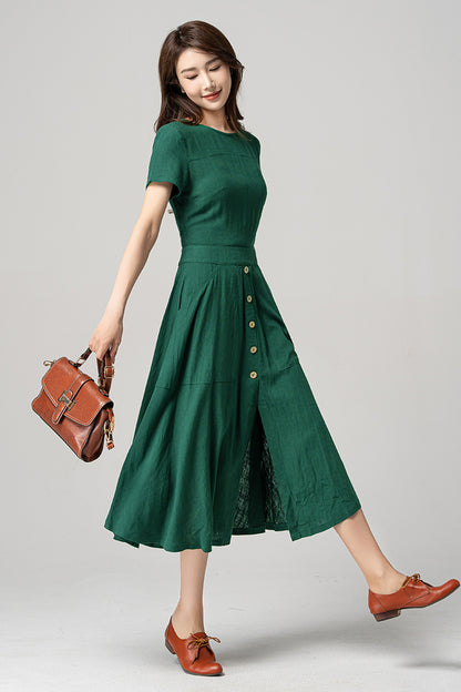 Green Linen Midi Dress - Vintage 1950s Fit and Flared Silhouette 4191