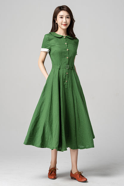 Green Linen Midi Dress - Swing Silhouette with Peter Pan Collar 4192