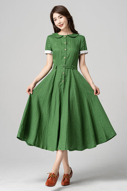 Green Linen Midi Dress - Swing Silhouette with Peter Pan Collar 4192