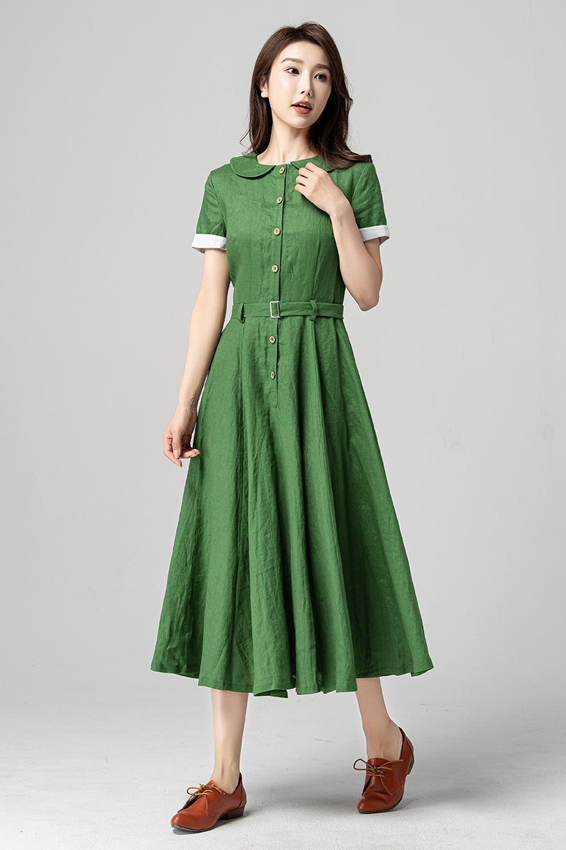 Green Swing Midi Linen Dress 4192