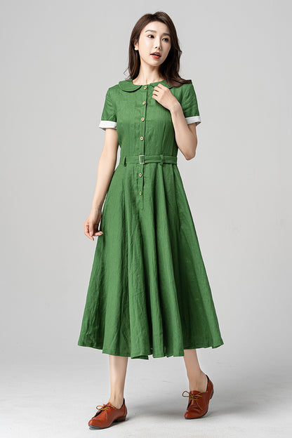 Green Linen Midi Dress - Swing Silhouette with Peter Pan Collar 4192