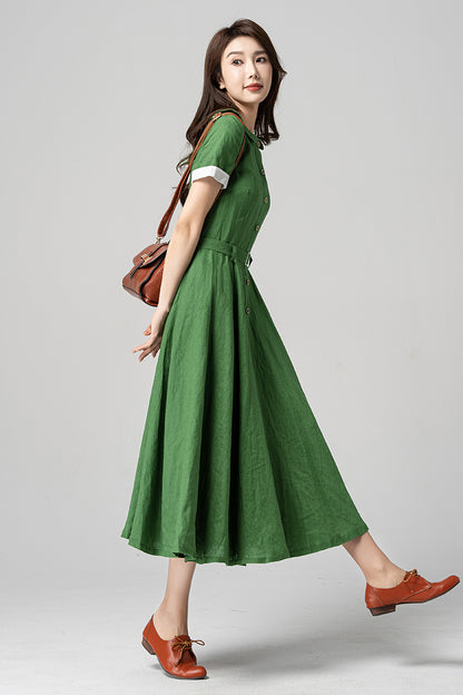 Green Linen Midi Dress - Swing Silhouette with Peter Pan Collar 4192