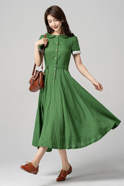 Green Linen Midi Dress - Swing Silhouette with Peter Pan Collar 4192
