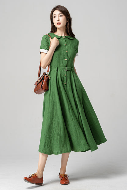 Green Linen Midi Dress - Swing Silhouette with Peter Pan Collar 4192