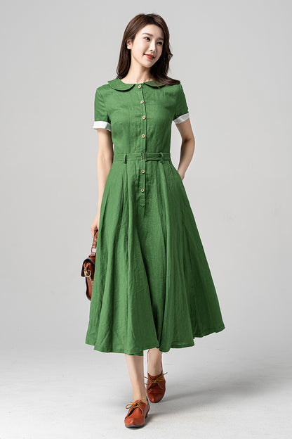 Green Linen Midi Dress - Swing Silhouette with Peter Pan Collar 4192