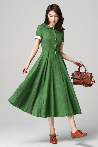 Green Linen Midi Dress - Swing Silhouette with Peter Pan Collar 4192