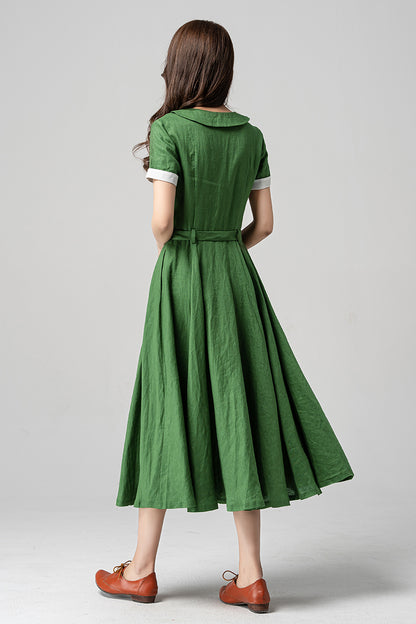 Green Linen Midi Dress - Swing Silhouette with Peter Pan Collar 4192