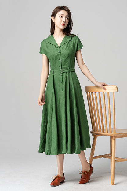 Green Linen Cotton Midi Dress - A-Line Silhouette with Belted Waist 4195