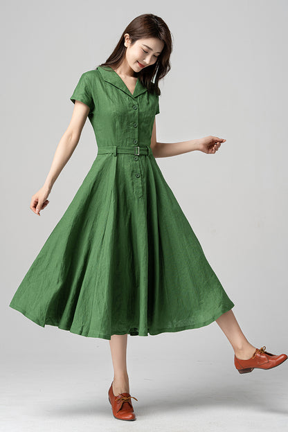 Green Linen Cotton Midi Dress - A-Line Silhouette with Belted Waist 4195