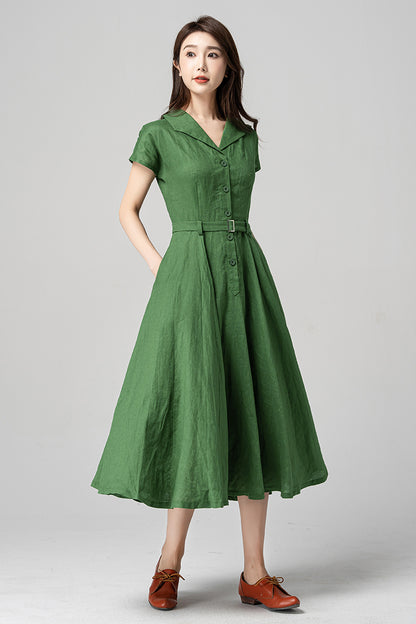 Green Linen Cotton Midi Dress - A-Line Silhouette with Belted Waist 4195