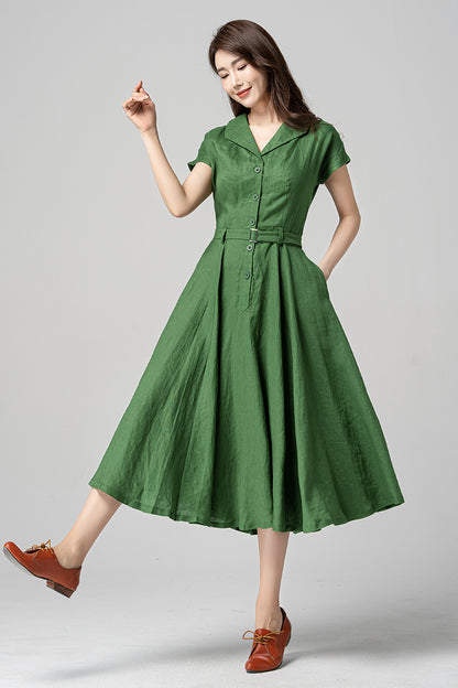 Green Linen Cotton Midi Dress - A-Line Silhouette with Belted Waist 4195