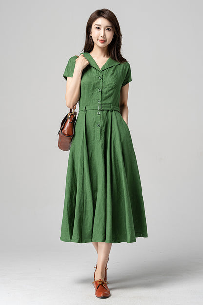 Green Linen Cotton Midi Dress - A-Line Silhouette with Belted Waist 4195