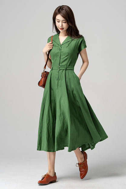 Green Linen Cotton Midi Dress - A-Line Silhouette with Belted Waist 4195