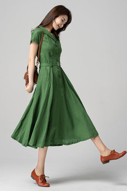 Green Linen Cotton Midi Dress - A-Line Silhouette with Belted Waist 4195