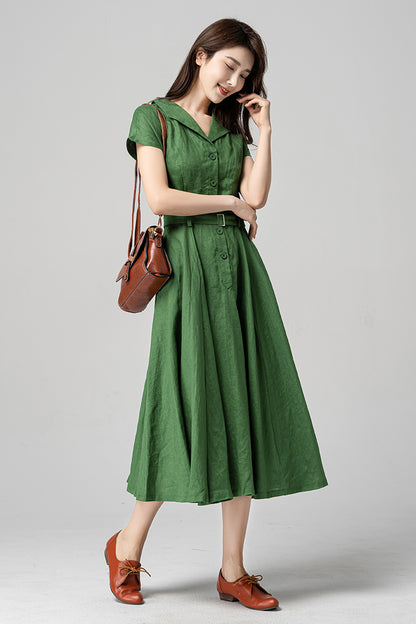 Green Linen Cotton Midi Dress - A-Line Silhouette with Belted Waist 4195
