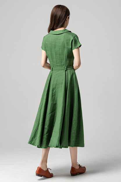 Green Linen Cotton Midi Dress - A-Line Silhouette with Belted Waist 4195