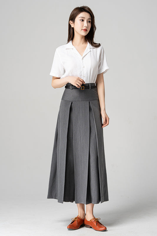 Women Long Gray Pleated Skirt 4193
