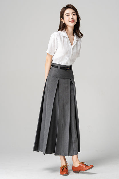 Women Long Gray Pleated Skirt 4193