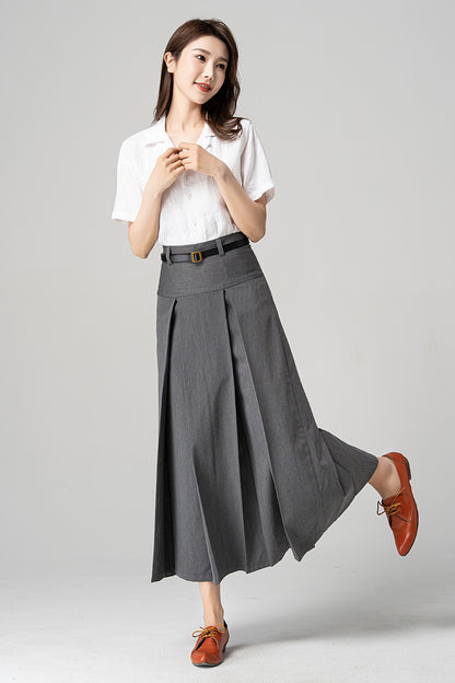 Women Long Gray Pleated Skirt 4193