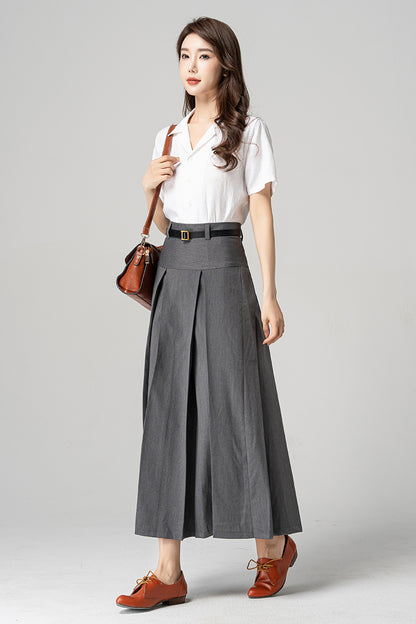 Women Long Gray Pleated Skirt 4193
