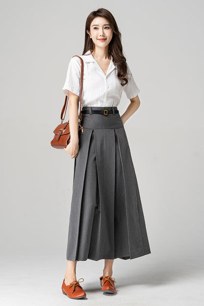 Women Long Gray Pleated Skirt 4193