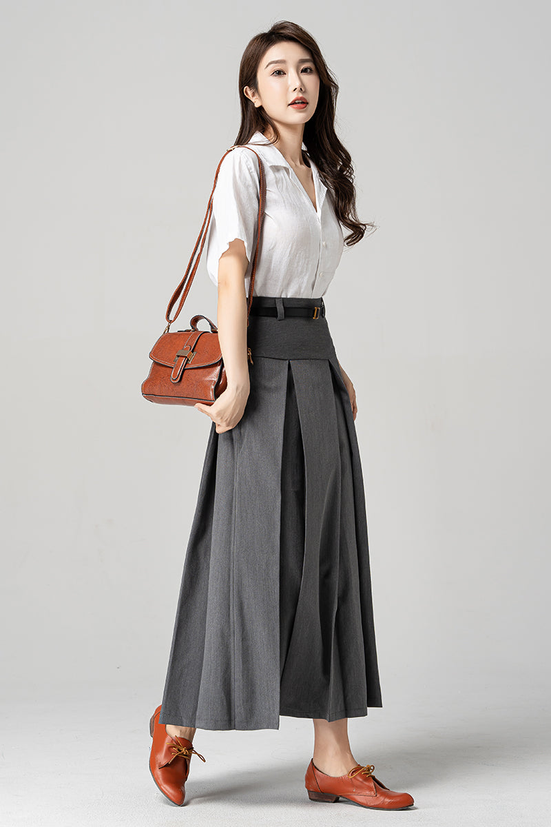 Women Long Gray Pleated Skirt 4193