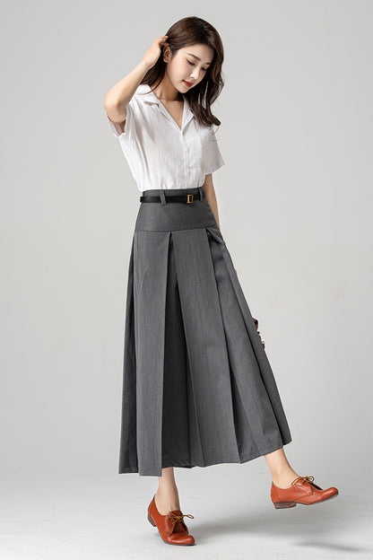 Women Long Gray Pleated Skirt 4193