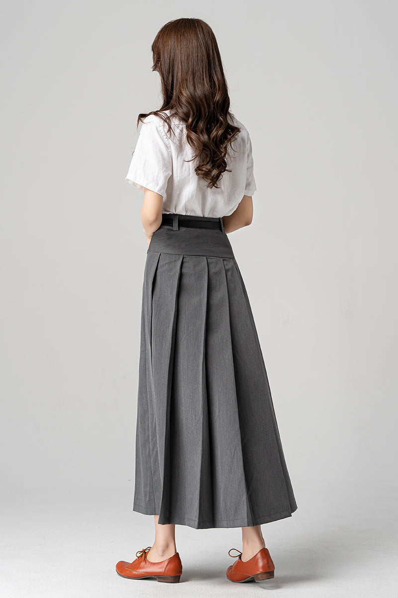 Women Long Gray Pleated Skirt 4193