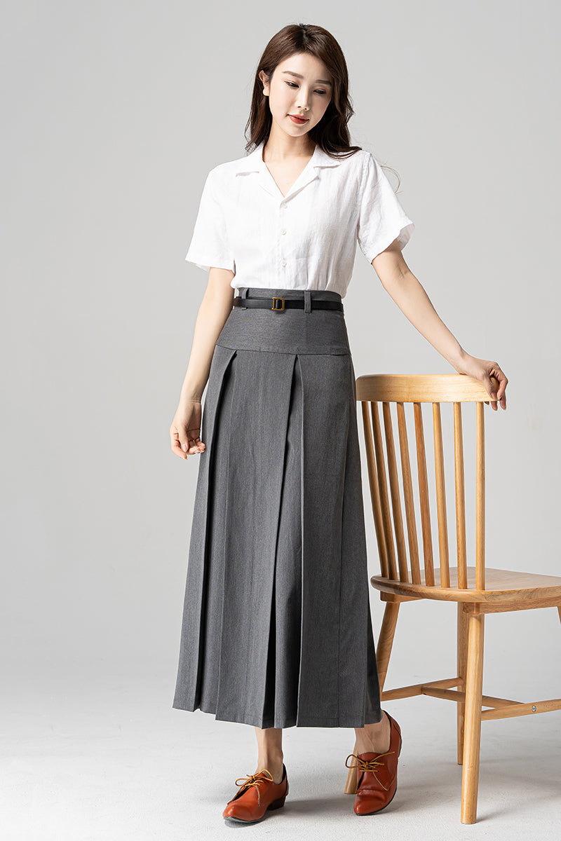 Women Long Gray Pleated Skirt 4193