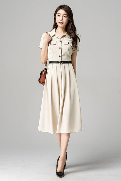 Beige Polyester Midi Dress - Pleated Shirt Style with Pockets 4194