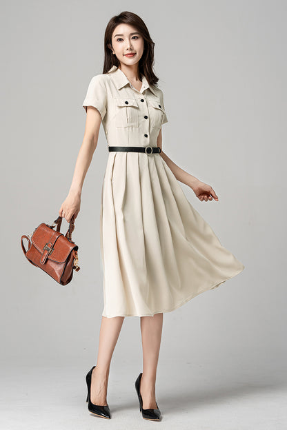 Beige Polyester Midi Dress with Pleated Shirt Style and Pockets – Xiaolizi