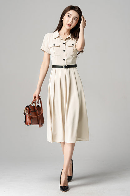 Beige Polyester Midi Dress - Pleated Shirt Style with Pockets 4194