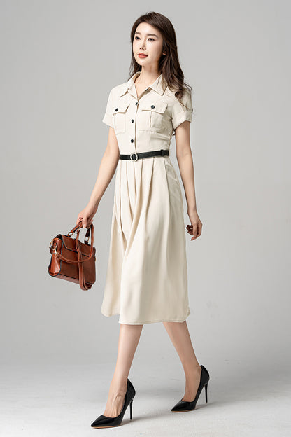 Beige Polyester Midi Dress - Pleated Shirt Style with Pockets 4194