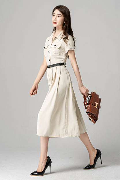 Beige Polyester Midi Dress - Pleated Shirt Style with Pockets 4194