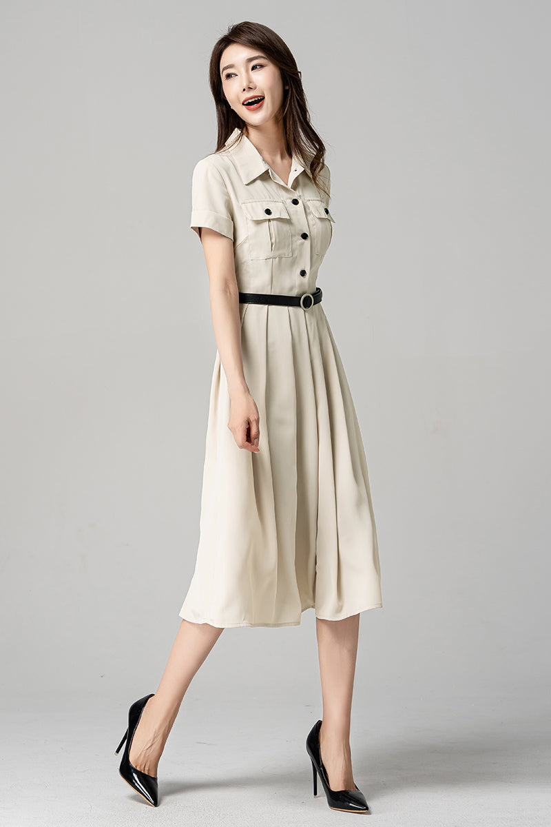 Beige Polyester Midi Dress with Pleated Shirt Style and Pockets