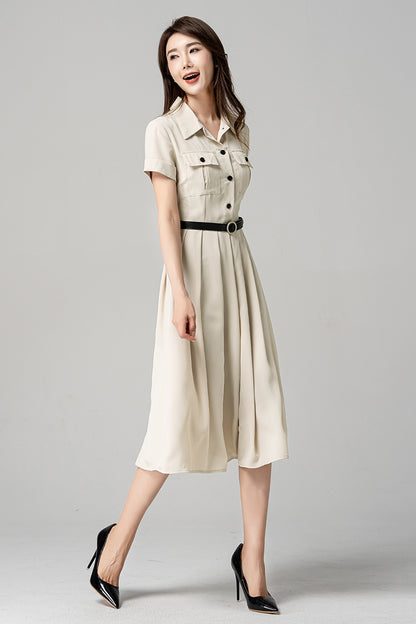 Beige Polyester Midi Dress - Pleated Shirt Style with Pockets 4194