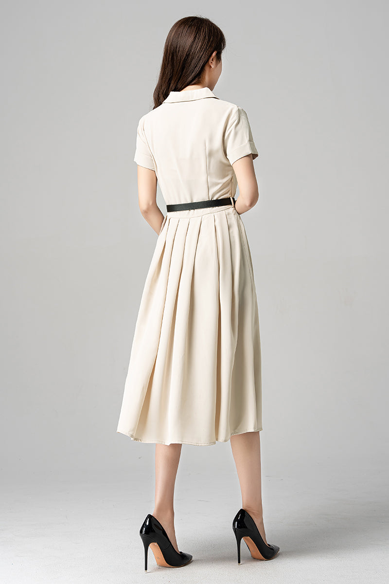 Beige Polyester Midi Dress with Pleated Shirt Style and Pockets