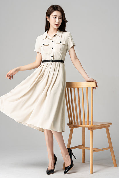 Beige Polyester Midi Dress - Pleated Shirt Style with Pockets 4194
