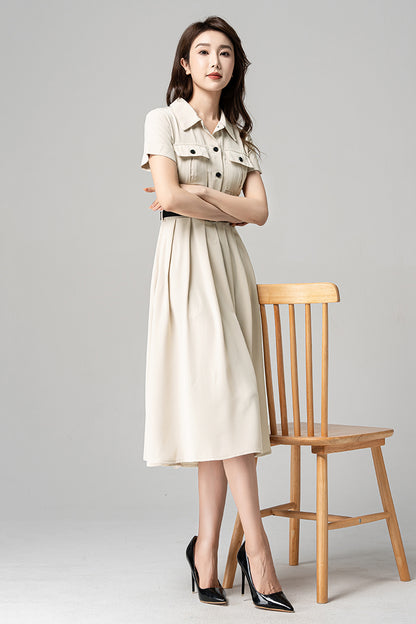 Beige Polyester Midi Dress - Pleated Shirt Style with Pockets 4194